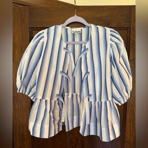 GANNI Blue White Stripe Peplum Top Puff Sleeve Tie Front Size 36 (S/M)